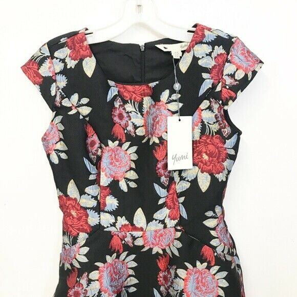 New ModCloth‎ Yumi Black Floral Tapestry Dress Pink Red Roses  Sz 4 - Picture 3 of 10